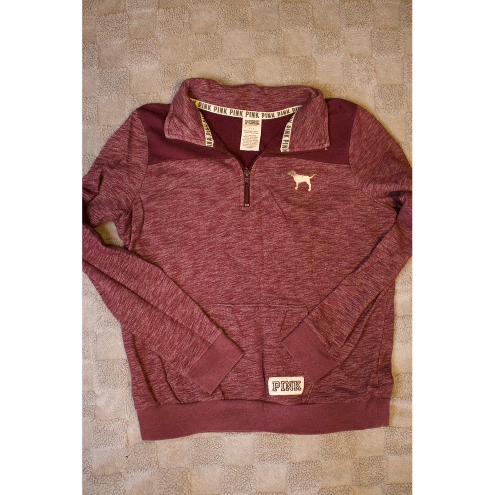 Victorias Secret PINK Quarter Zip Pullover Sweatshirt Maroon Love Pink Small